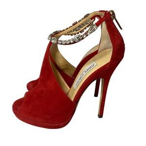 Jimmy Choo Farah Red Suede Flatform Heels w/ Crystal Ankle Strap size 35.5